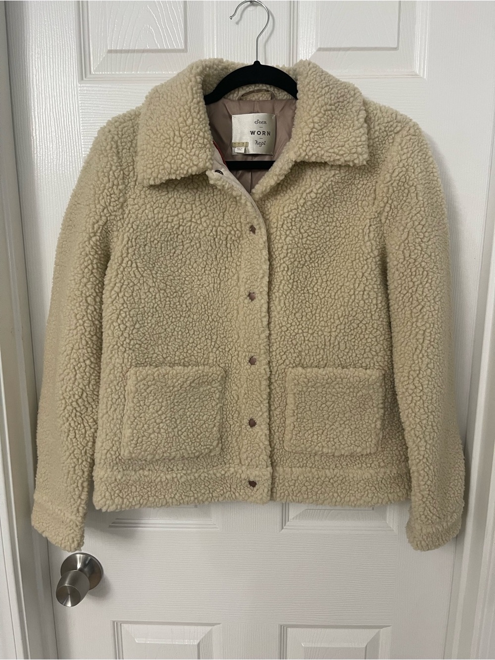 Seen Worn Kept Anthropologie Ivory Teddy Sherpa Jacket with Patch Pockets